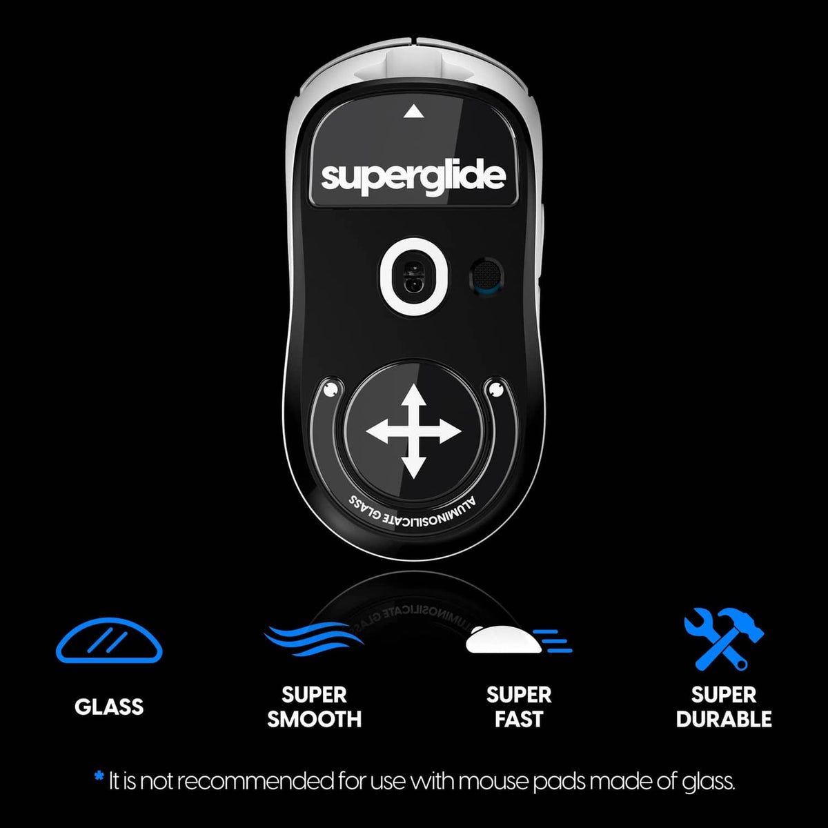 Superglide glass mouse skate, single black skate with arrow and feature icons