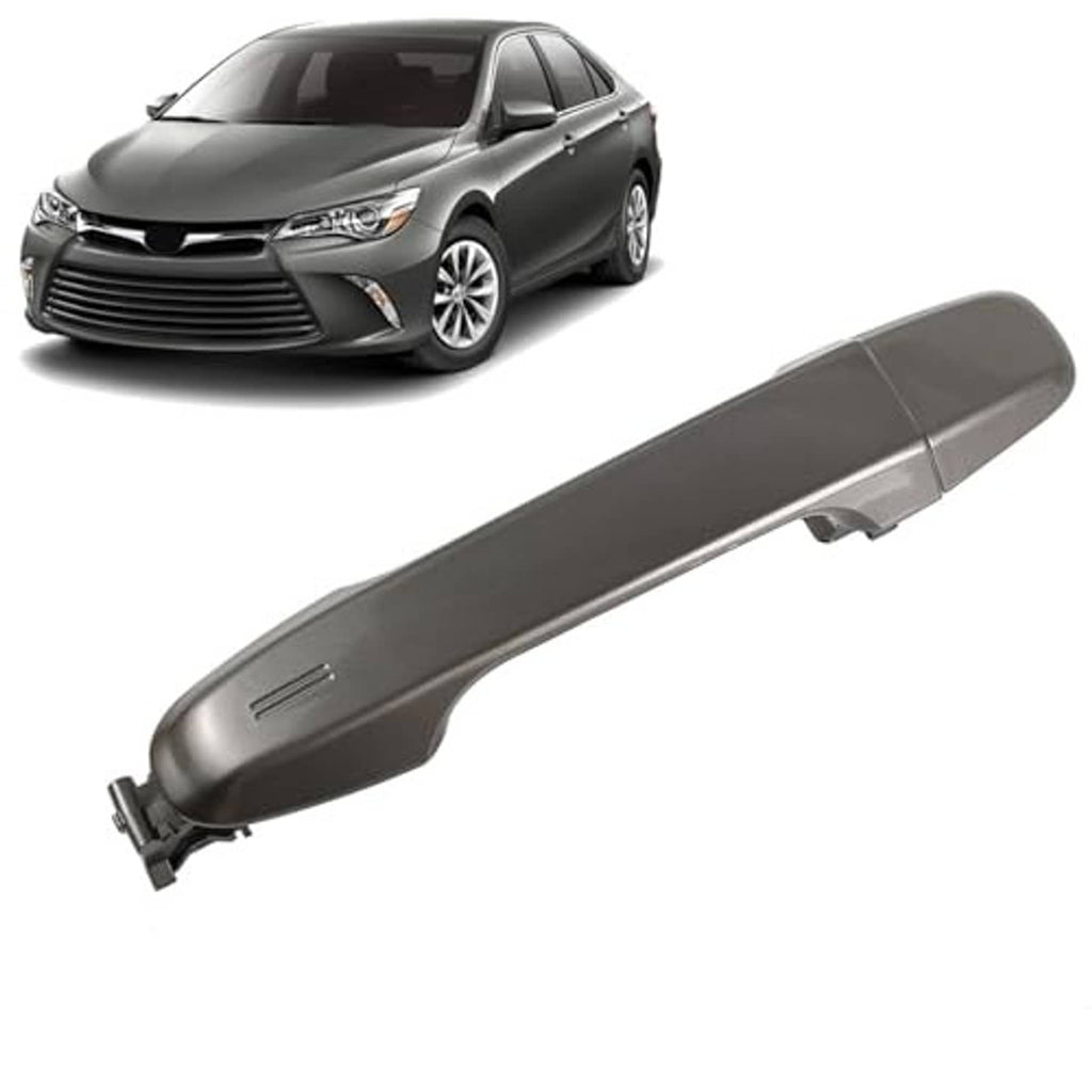 Gray rear left exterior door handle, curved outer handle with mounting tabs