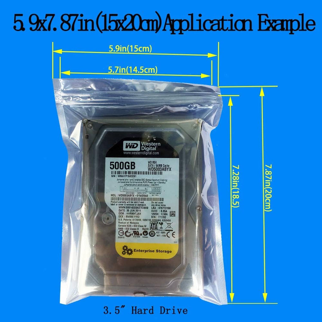 Anti-static bag holding a hard drive, clear ESD packaging