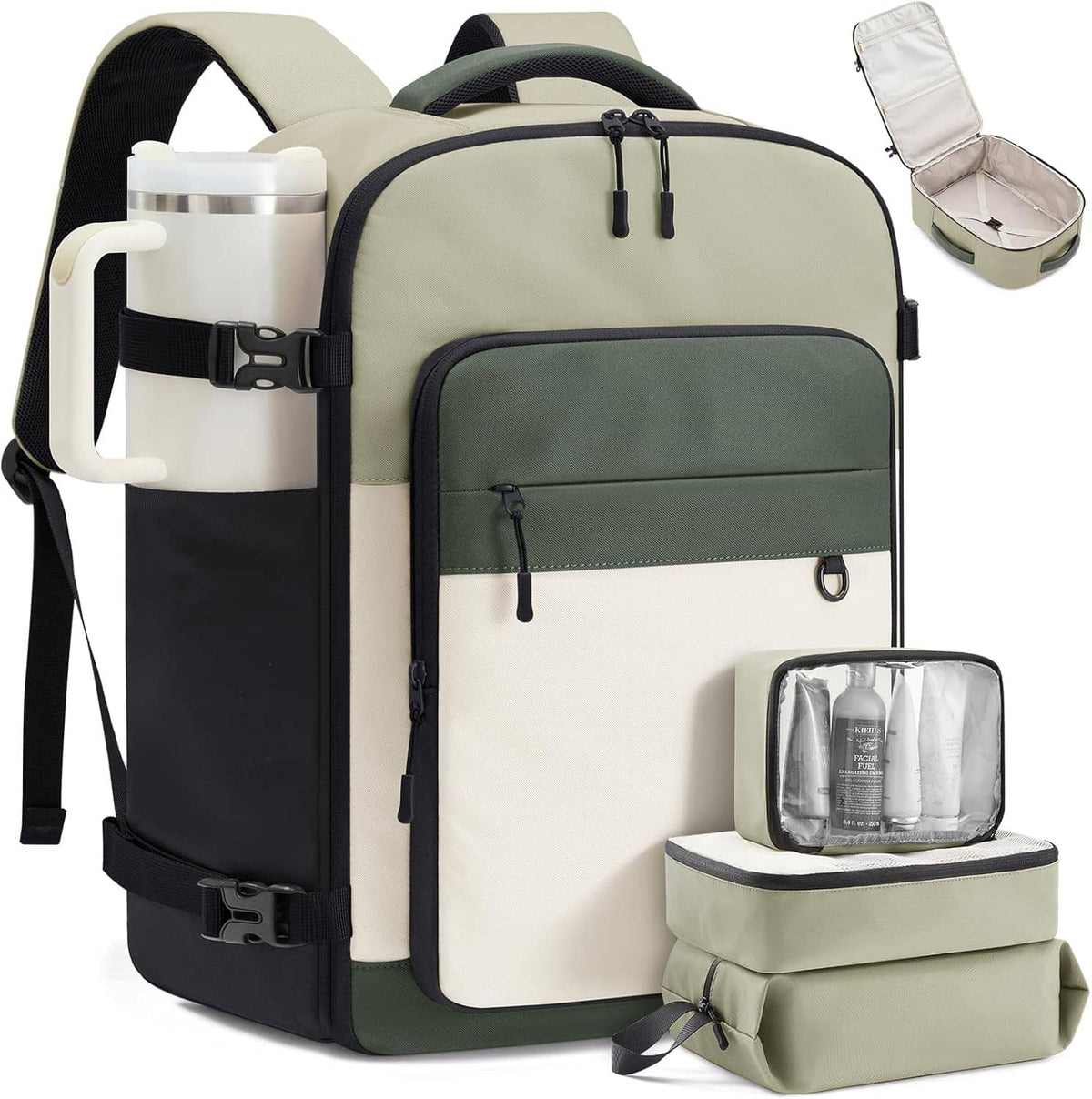 Sage and black carry-on backpack with front organizer pocket and top zipper access.