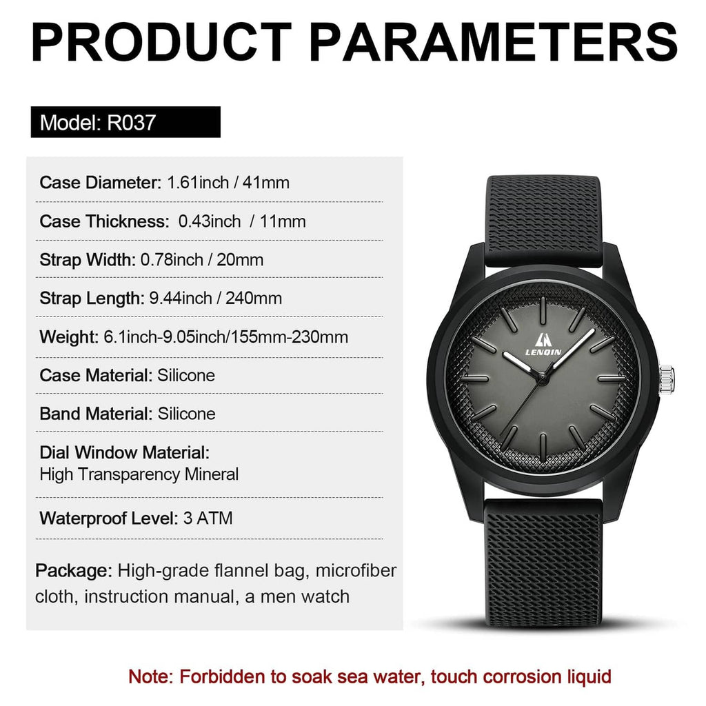 Black men's wristwatch with textured silicone strap and centered round dial on case.
