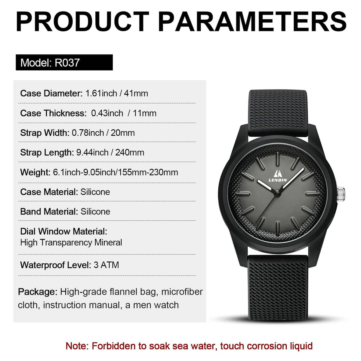 Black men's wristwatch with textured silicone strap and centered round dial on case.