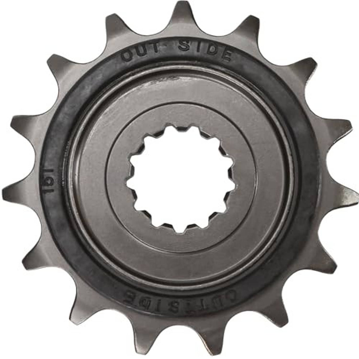 15-tooth motorcycle front sprocket, dark steel teeth with central splines