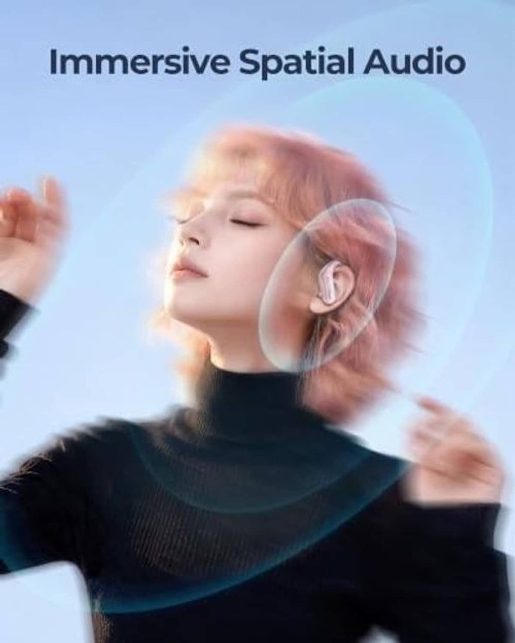 Rose pink wireless earbuds worn on a person with sound-direction halo effect