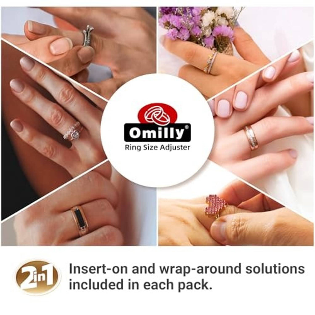 Ring size adjuster instructions graphic with hands wearing rings using the bands