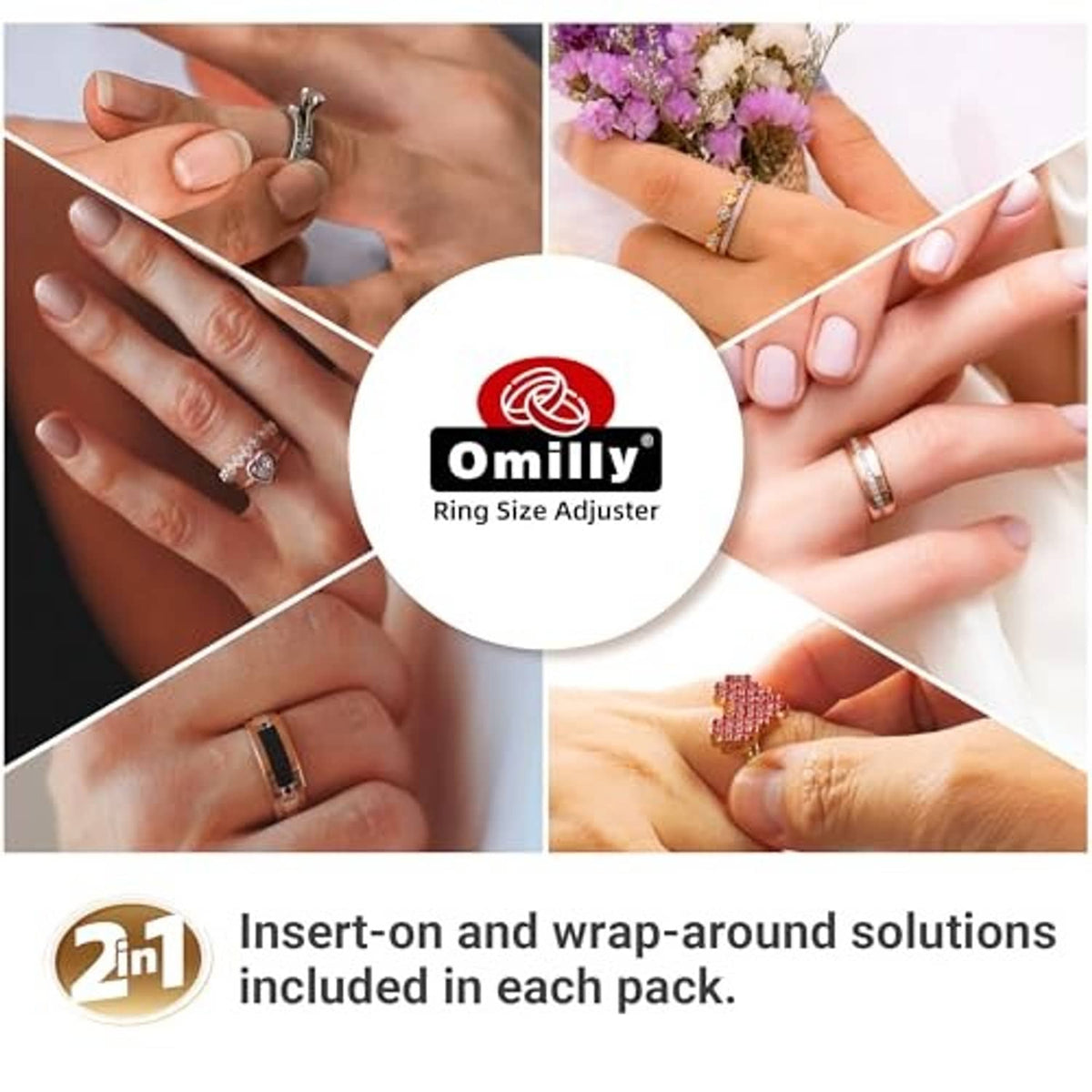 Ring size adjuster instructions graphic with hands wearing rings using the bands
