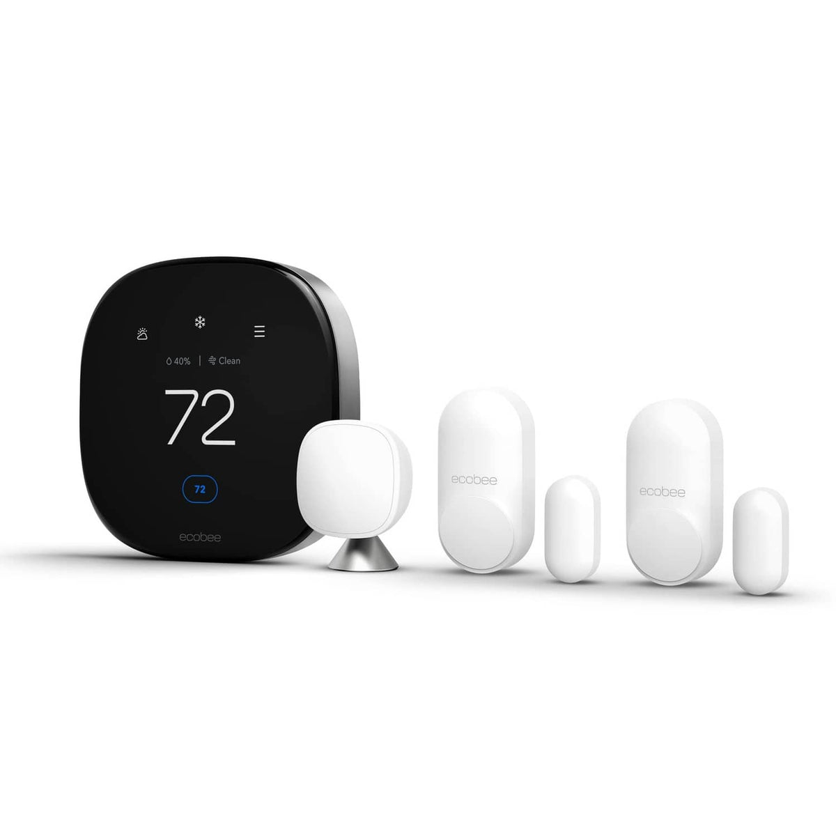 Black thermostat and multiple white SmartSensors, bundled smart home set