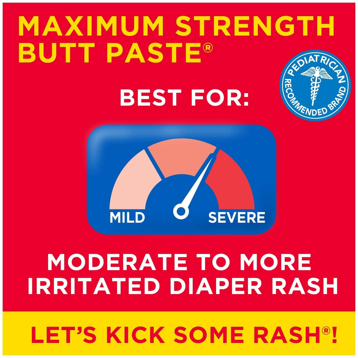 Diaper rash cream label panel: Maximum Strength Butt Paste for moderate to more rash