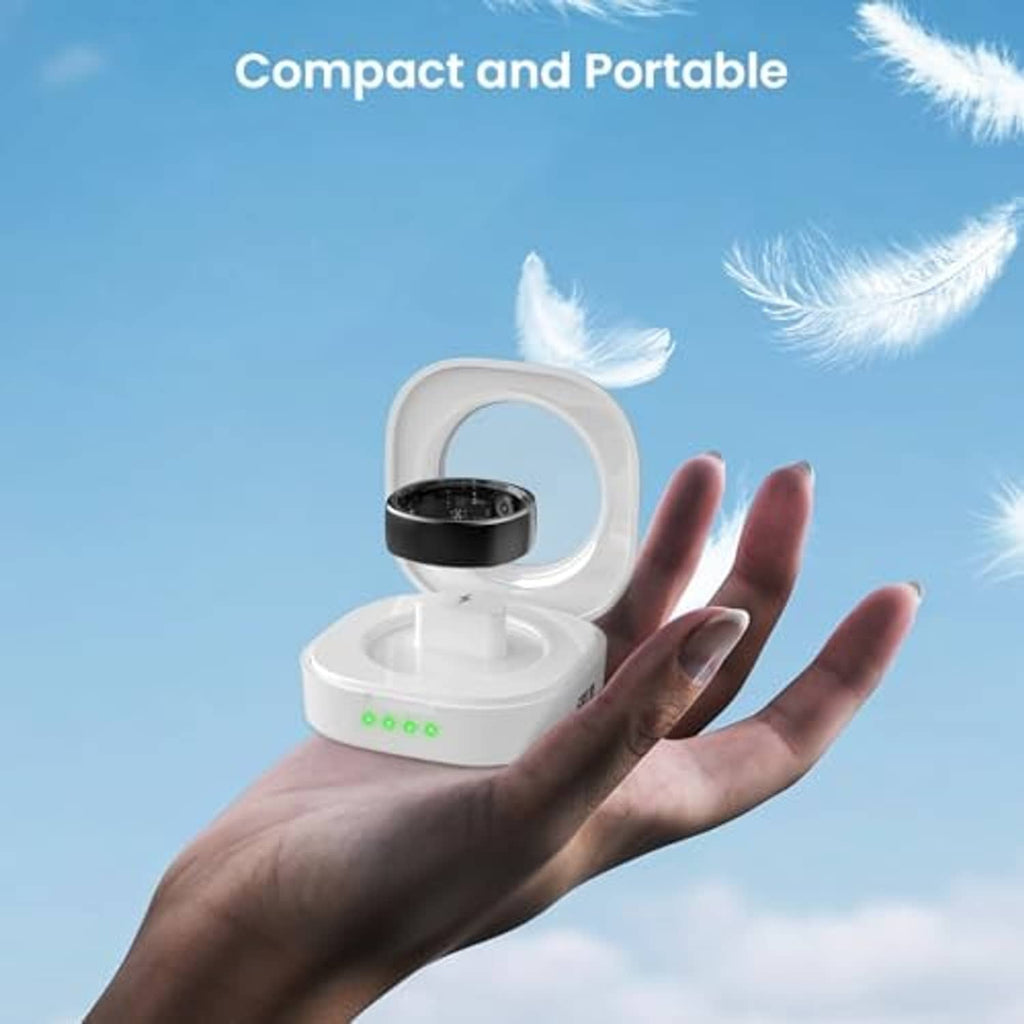 White compact ring charging case on stand, with black ring dock and green lights