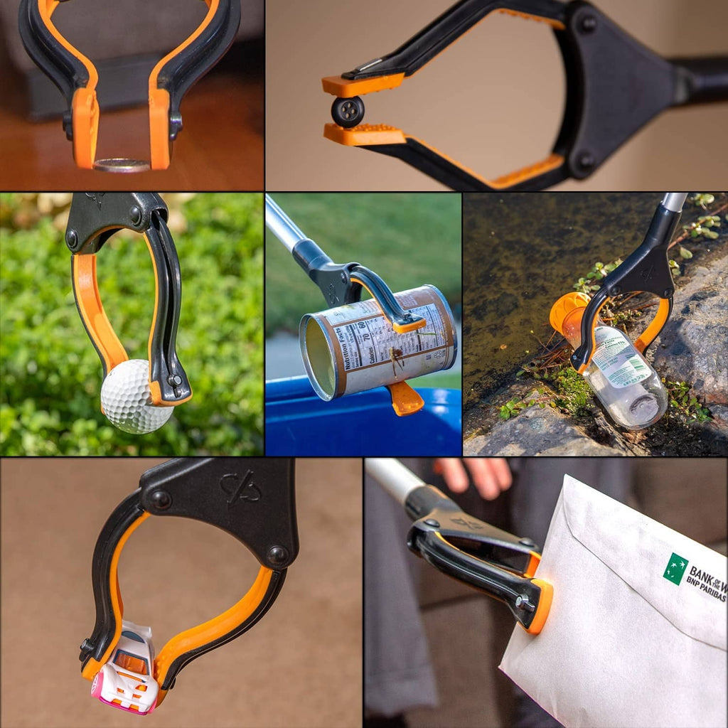 Foldable grabber reacher tool head with orange magnetic claws and non-slip grip pads