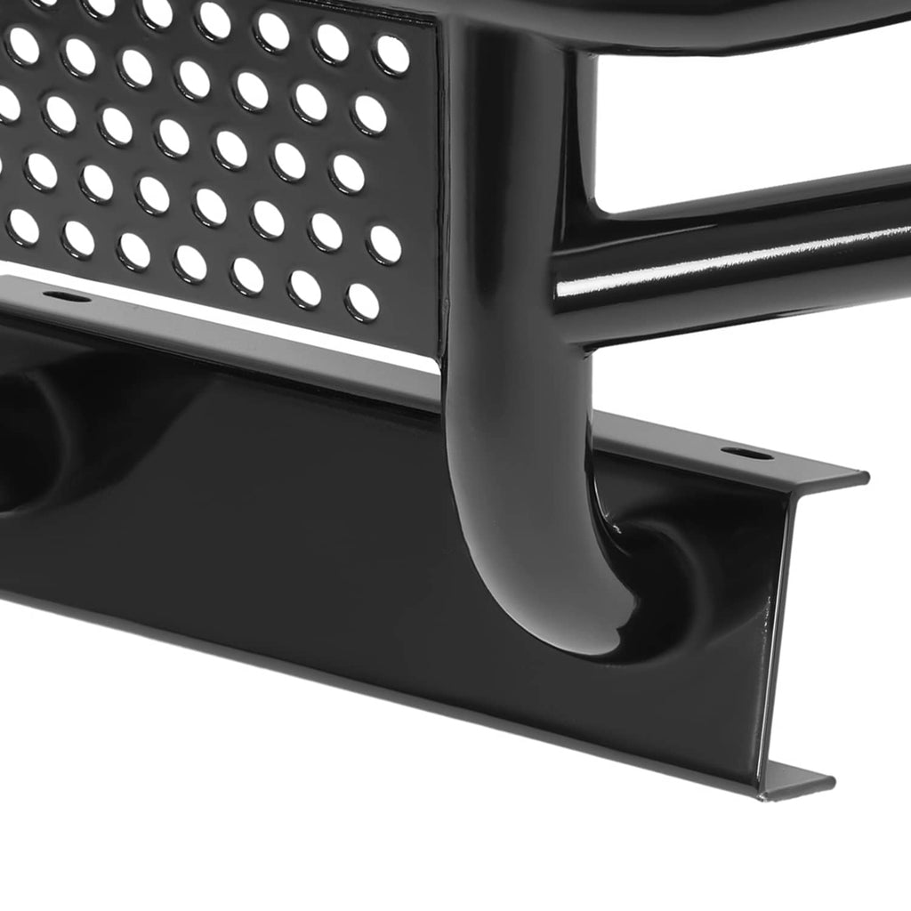 Close-up of black perforated panel and curved lower mounting bracket