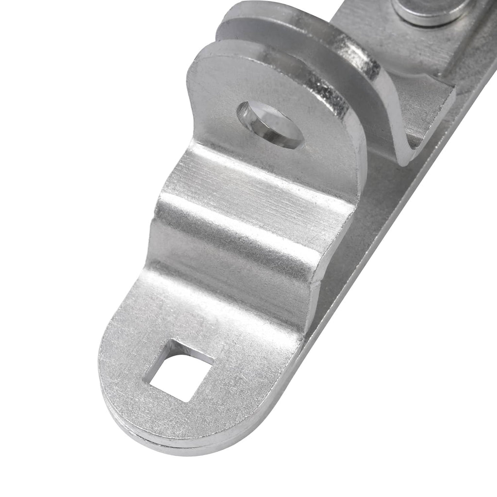 Steel cam latch keeper close-up with oval opening, silver finish