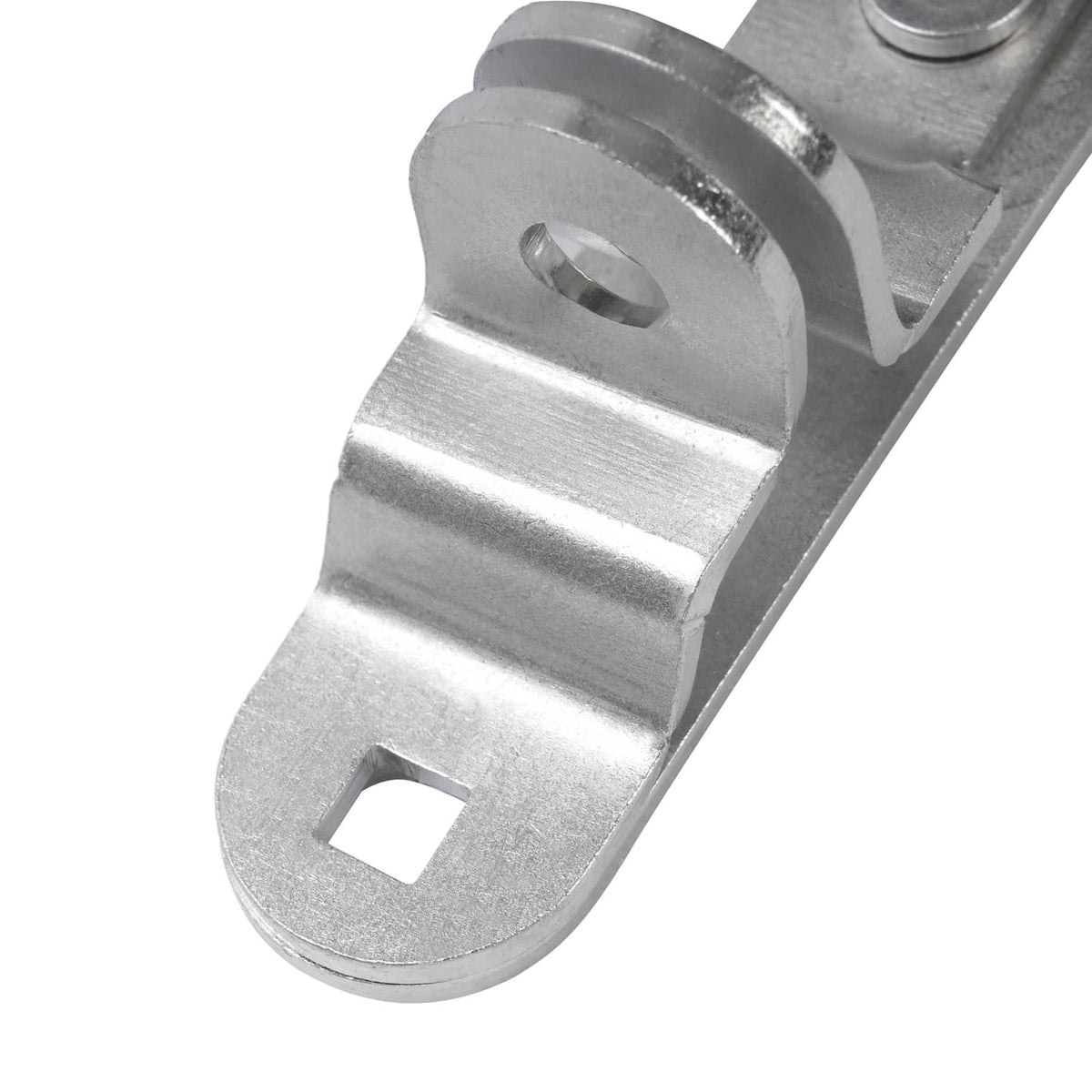 Steel cam latch keeper close-up with oval opening, silver finish