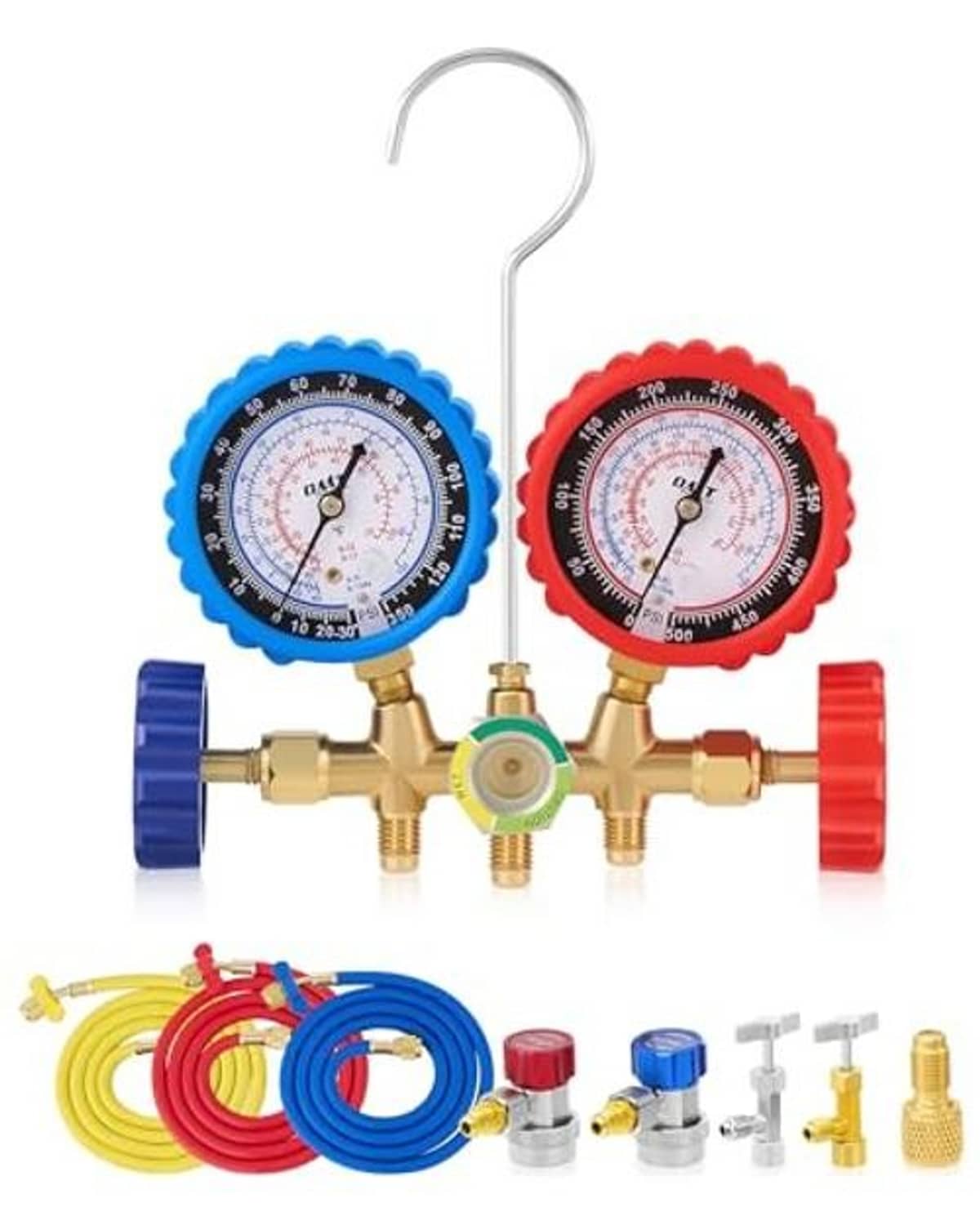 Manifold gauge set with blue and red pressure gauges, brass manifold, hoses, adapters