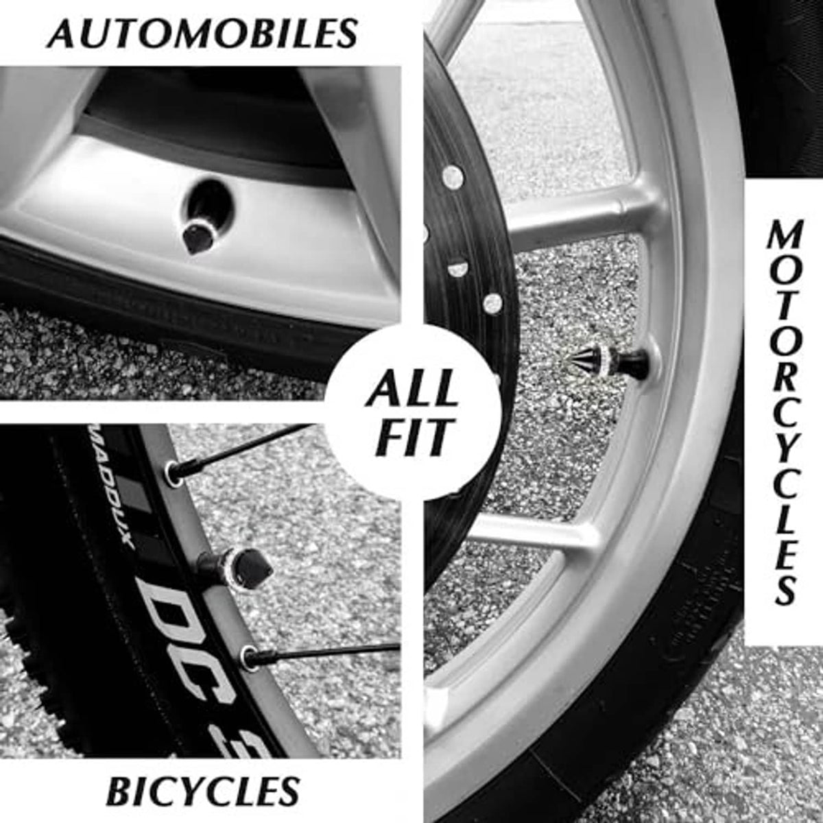 Black cone tire valve cap with silver rhinestone ring on a vehicle wheel