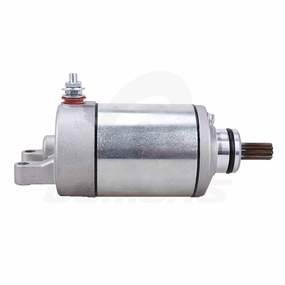 Starter motor three-quarter view with pinion shaft and top stud terminal, silver metal