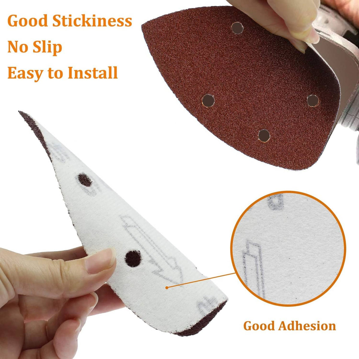 Hook-and-loop triangular sanding sheet attached to a hand-held sander pad