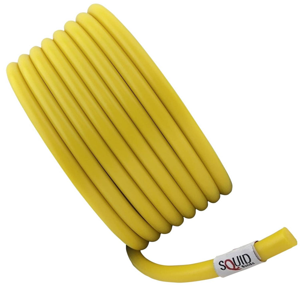 Yellow small resistance training band with SQUID Bands tag, coiled loop