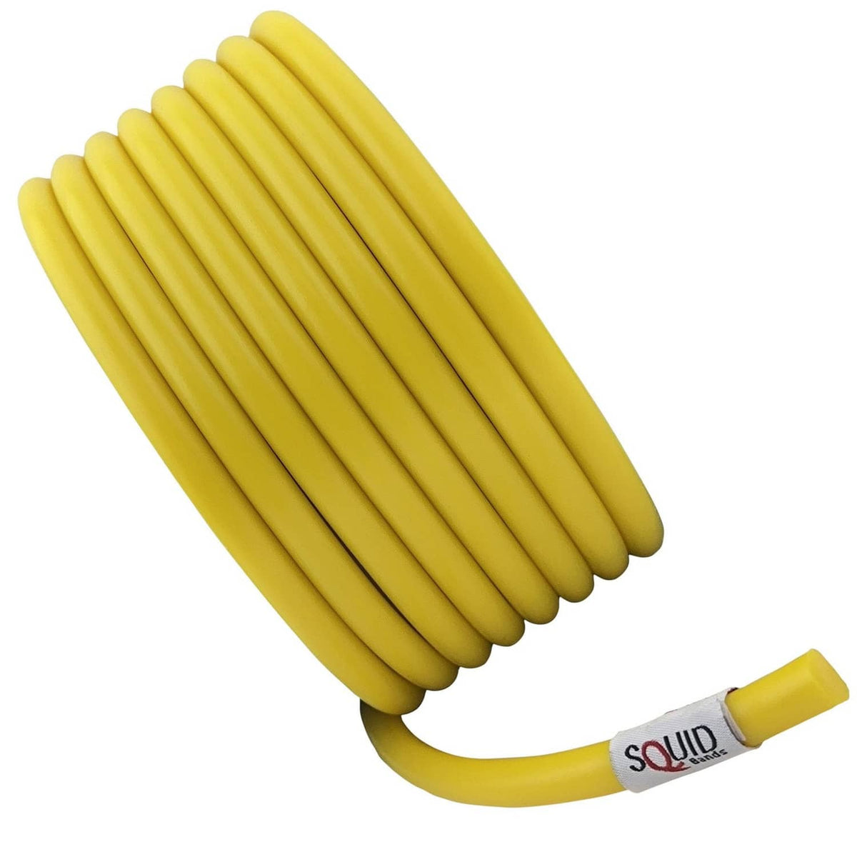 Yellow small resistance training band with SQUID Bands tag, coiled loop