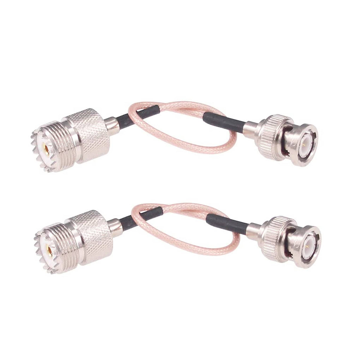 Two RG316 BNC male to UHF female SO-259 coax extension adapter cables with silver ends