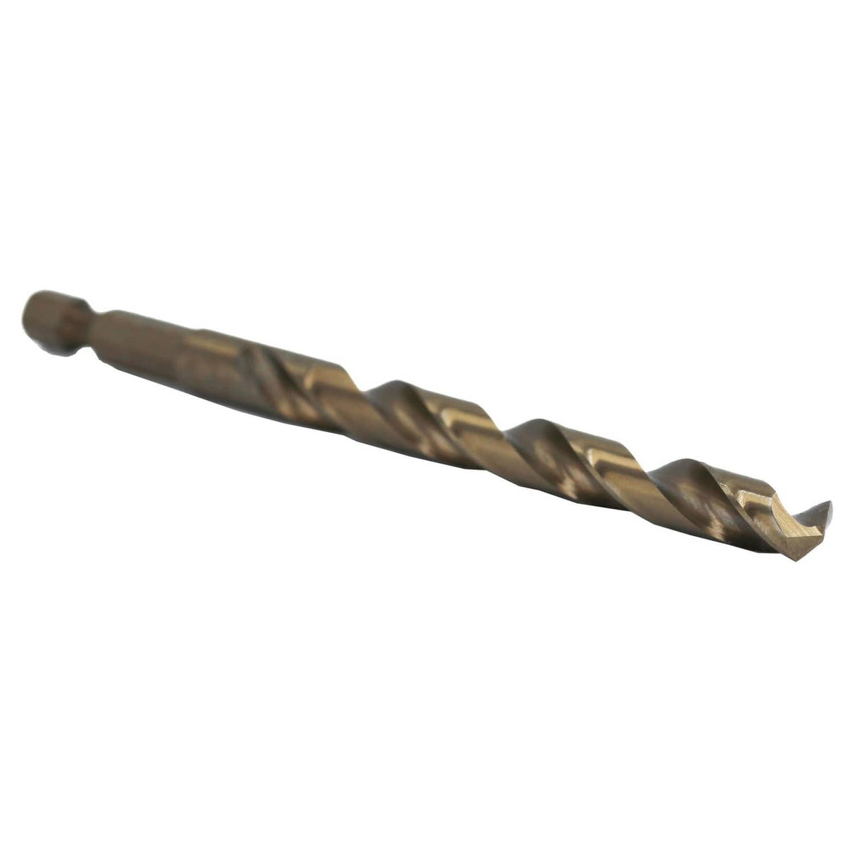 Cobalt drill bit with hex shank and spiral flutes, gold finish