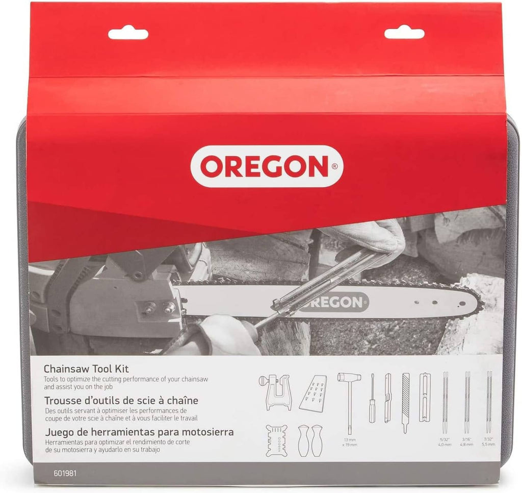 Oregon chainsaw tool kit in red retail box with clear window showing sharpening tools