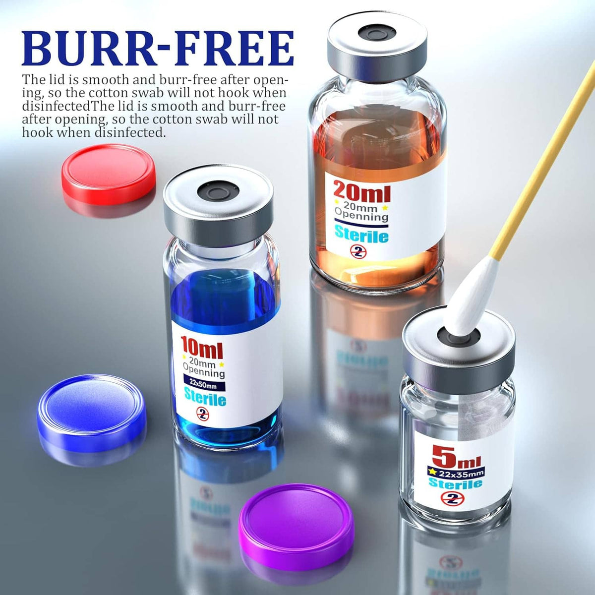 Assorted sterile glass vials with flip-off caps, including a purple-capped 5ml vial