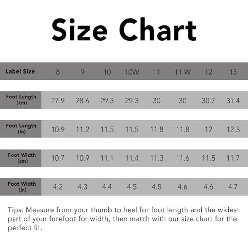 Size chart for men's tweed moc slippers, label sizes 8–13 and wide 11W