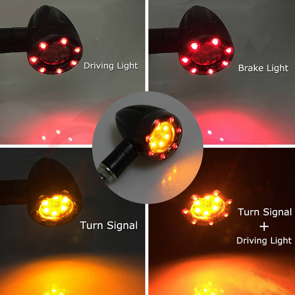 Motorcycle LED turn signal indicators with red and amber modes on a small round lens