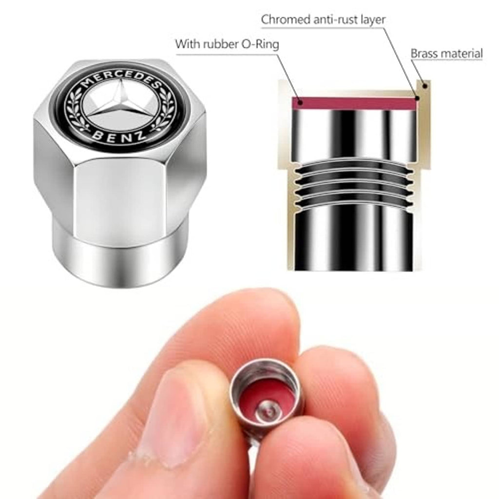 Silver tire valve stem cap with Mercedes-Benz emblem, chrome finish and rubber O-ring