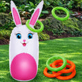 Inflatable bunny yard game figure in white with pink belly, plus green and orange rings