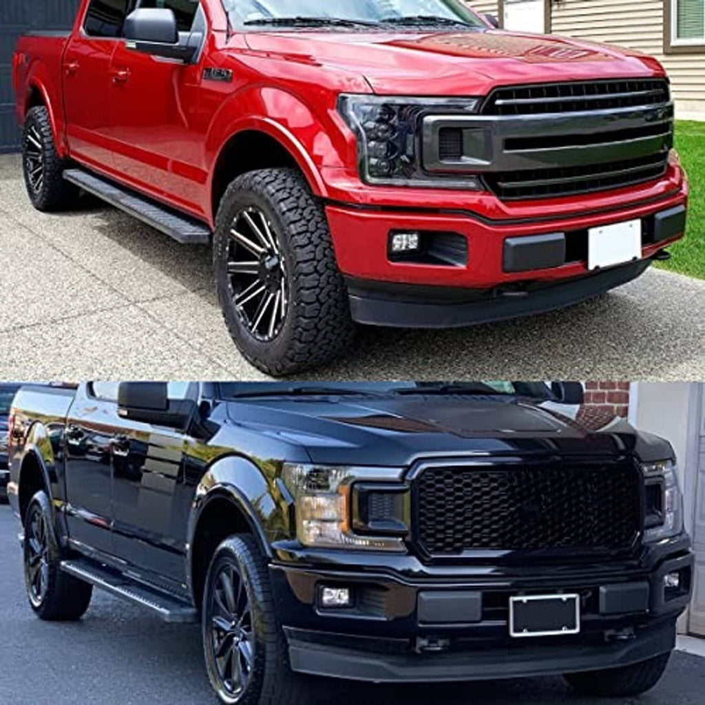 Front bumper guard inserts installed on red pickup truck grille area
