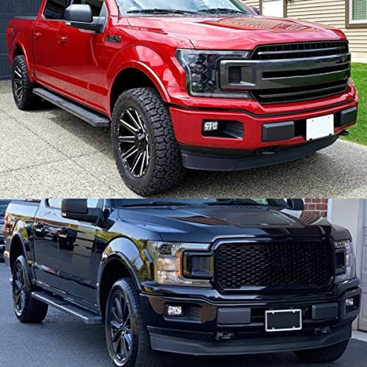 Front bumper guard inserts installed on red pickup truck grille area
