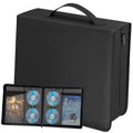 Black CD/DVD storage binder with handle, open front showing disc slots and cases