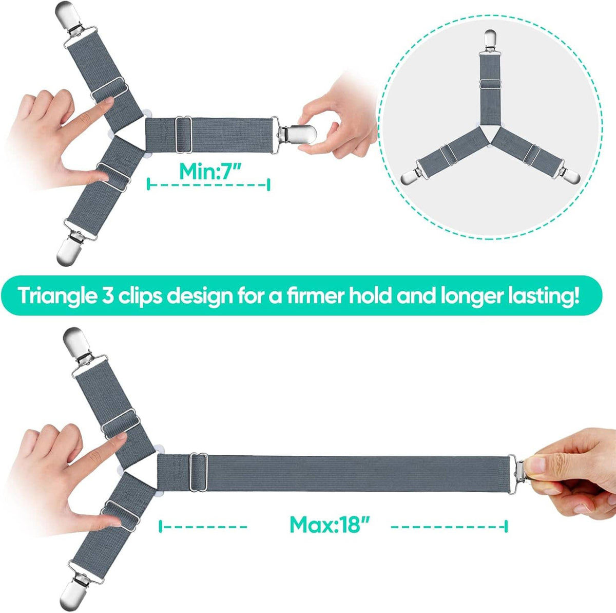 Adjustable length bed sheet clips with dark gray straps and silver buckles
