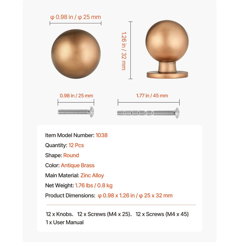 Round cabinet knob dimensions: 0.98 in diameter with two screw lengths shown