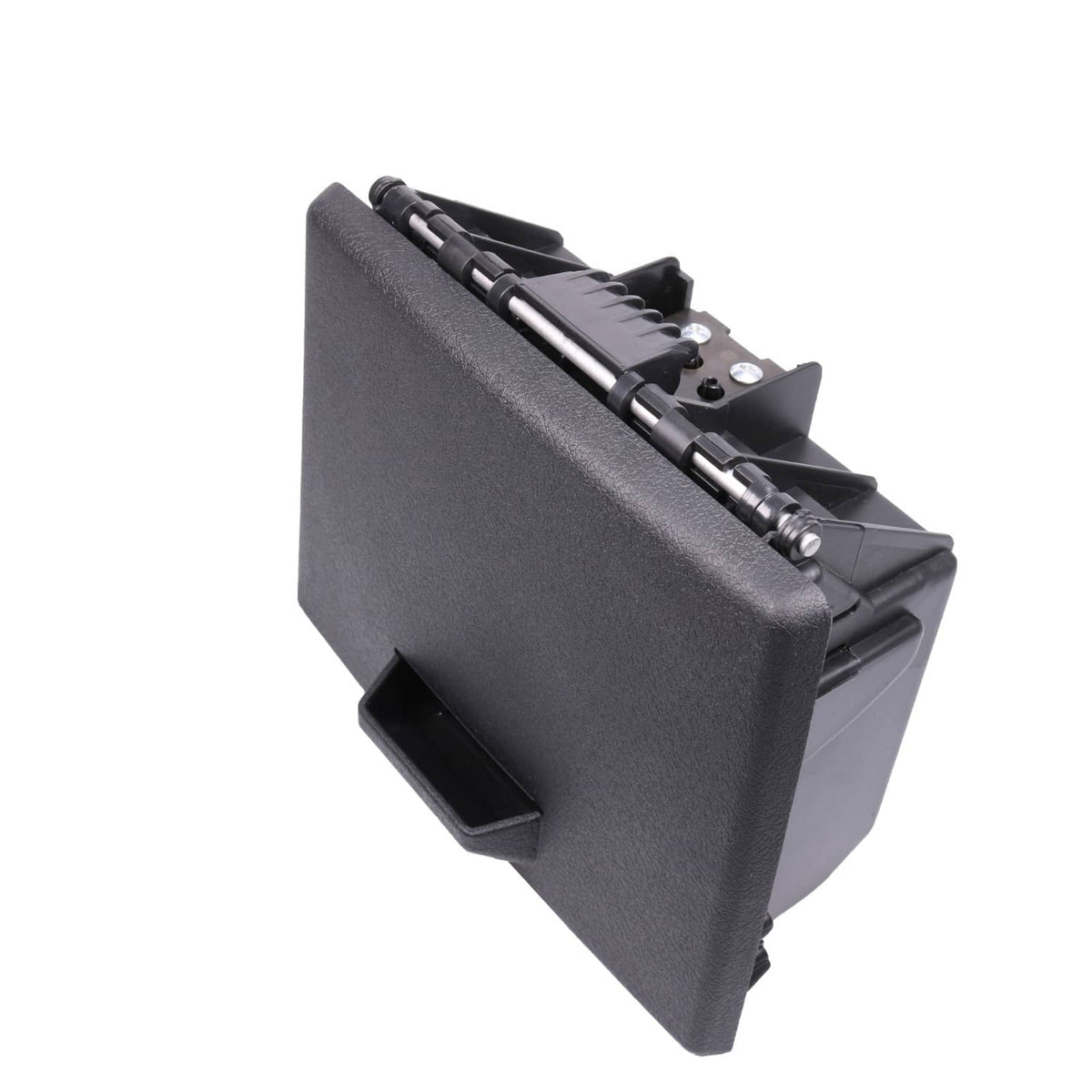 Black front dual cup holder angled view showing open lid and inner metal rails