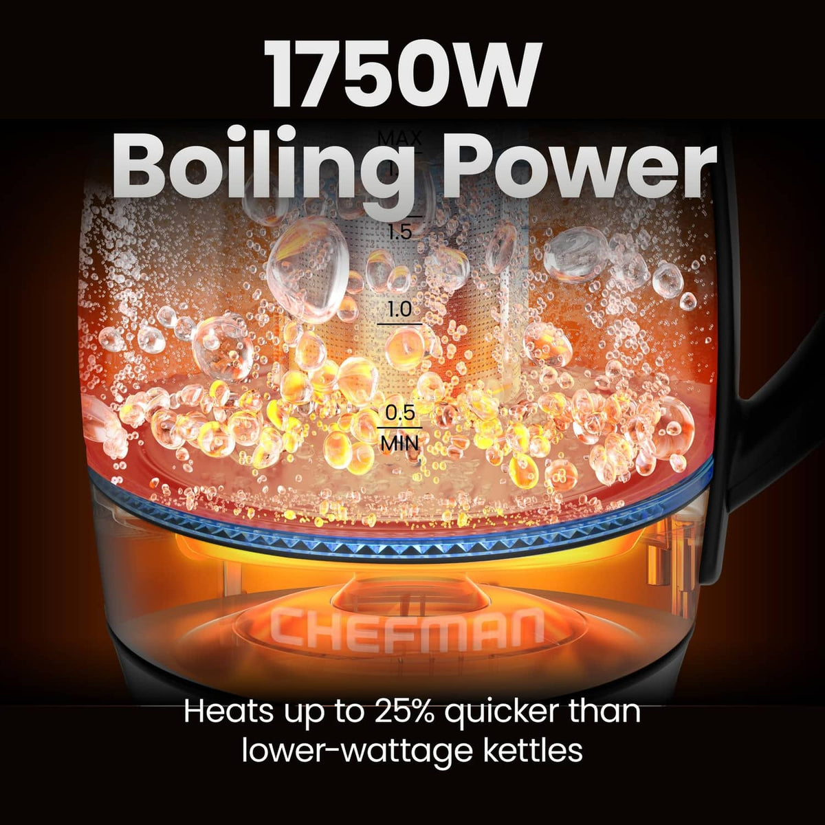 Clear cutaway of water boiling inside a stainless electric kettle with max fill line.