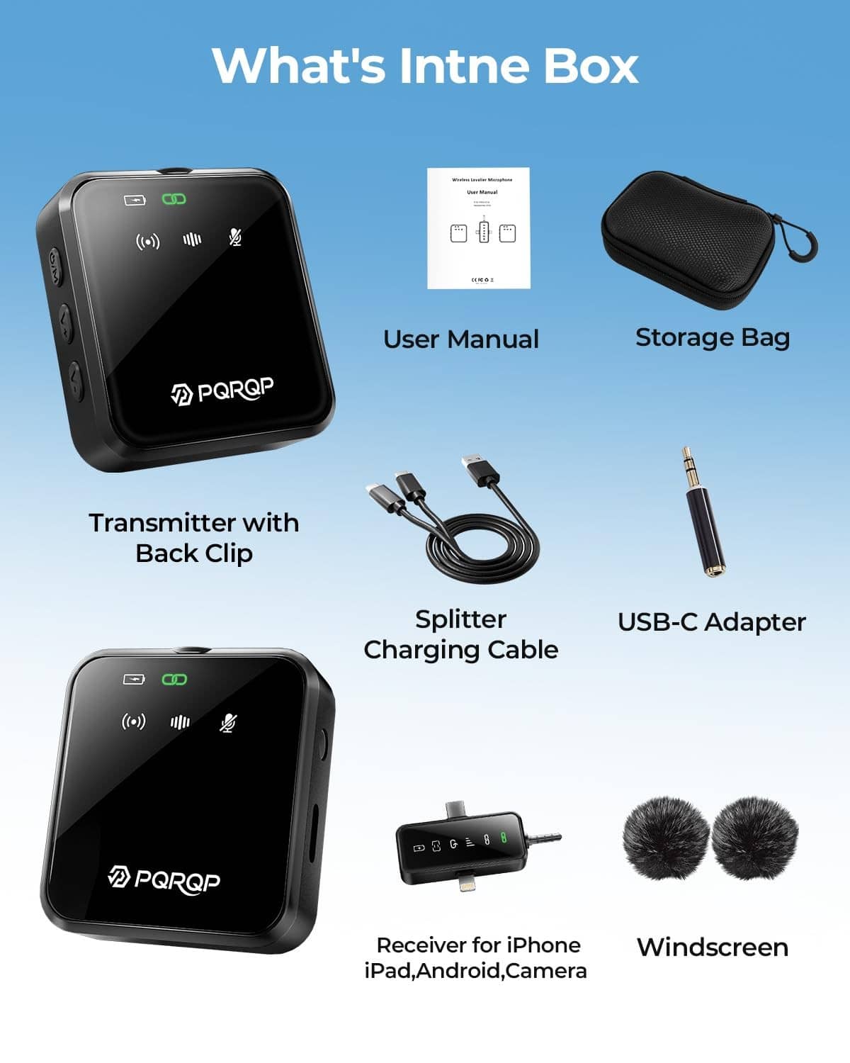 Wireless mini microphone kit: receiver, windscreens, cables, storage bag, adapter