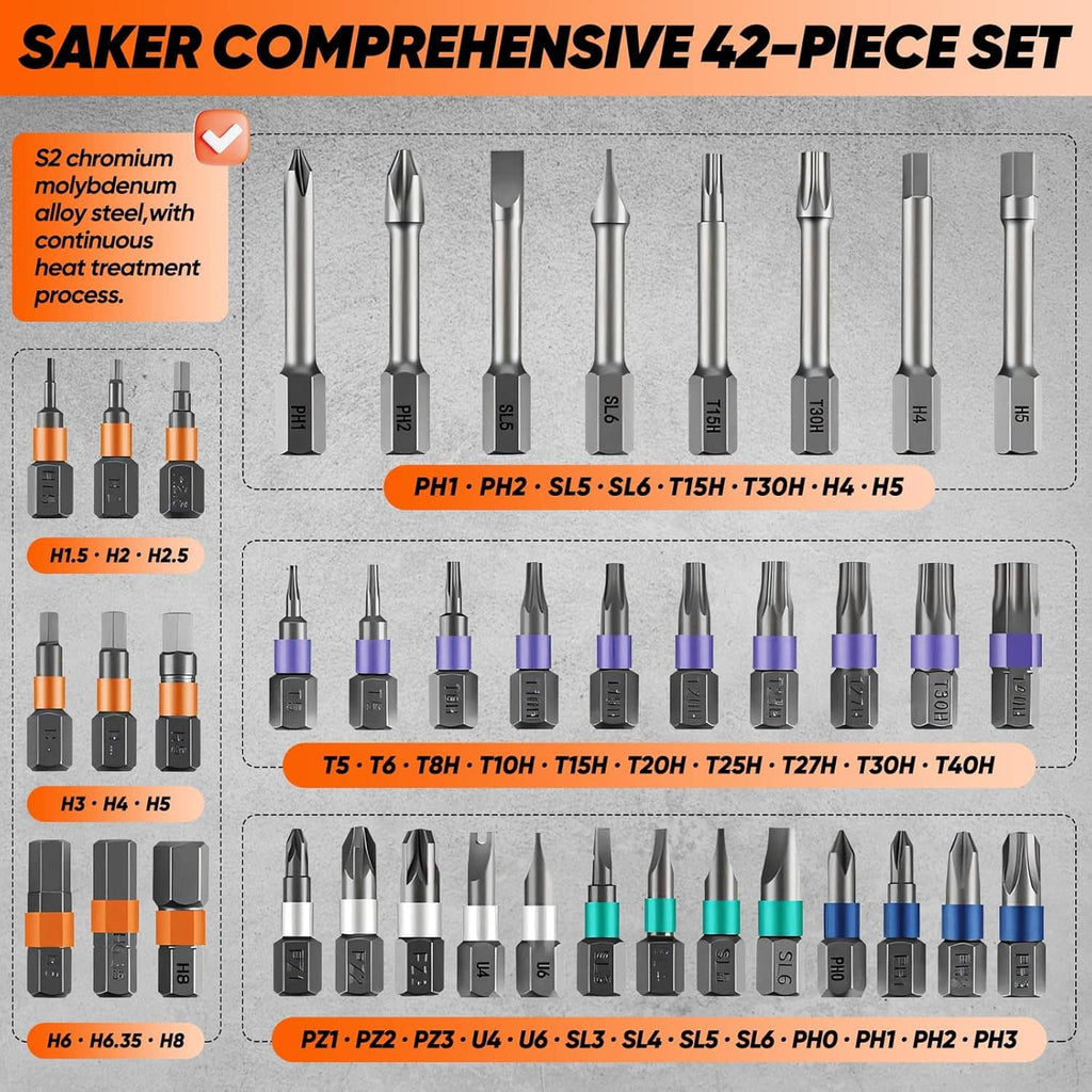 42-piece screwdriver bit set with chrome bits and color-coded purple, blue, and orange tips