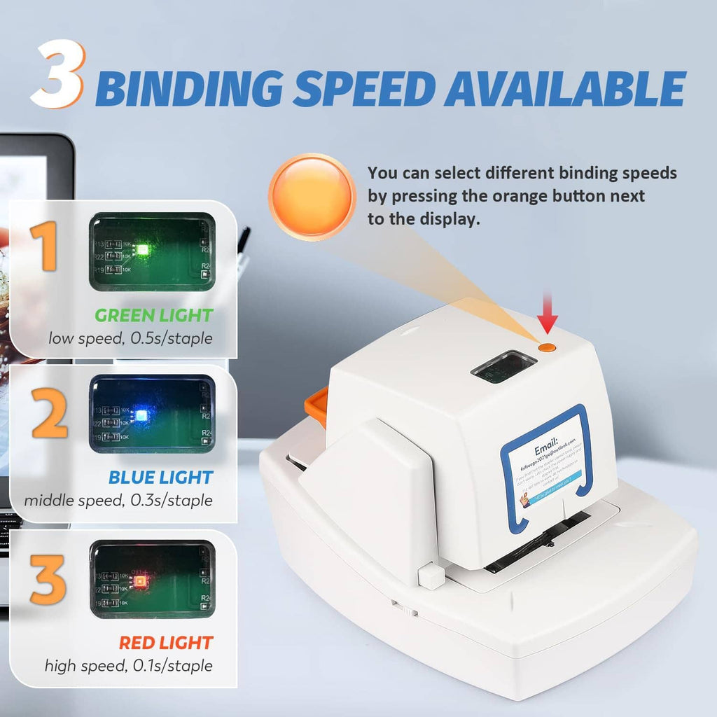 Electric stapler with selectable green, blue, and red binding speed indicator lights