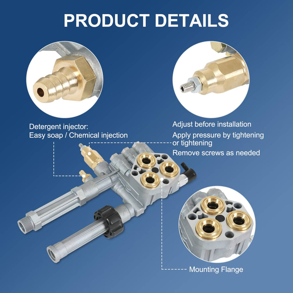 Pump head details: brass detergent injector and mounting flange, grey housing with ports