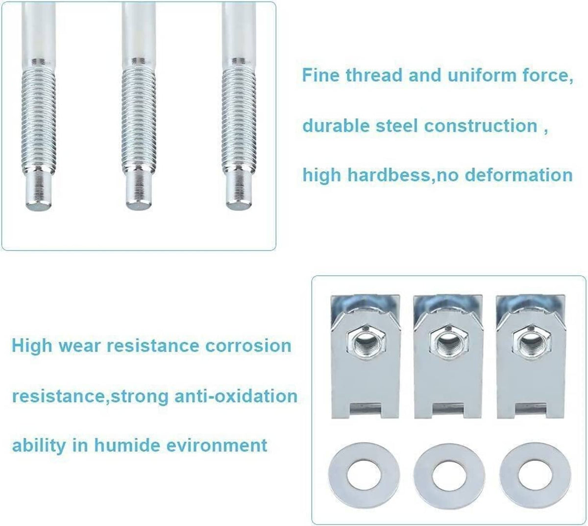 Set of threaded steel bolts and flat washers with corrosion-resistant U-clips