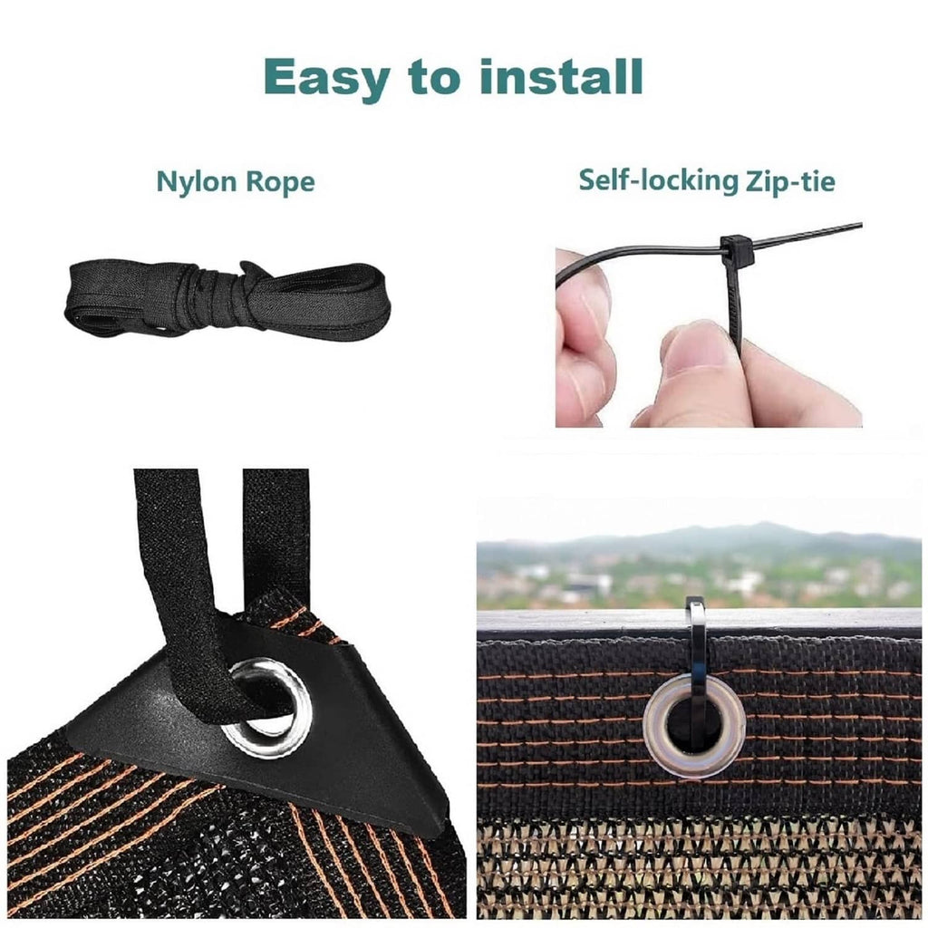 Balcony privacy screen installation kit: zip-ties and nylon rope with grommet