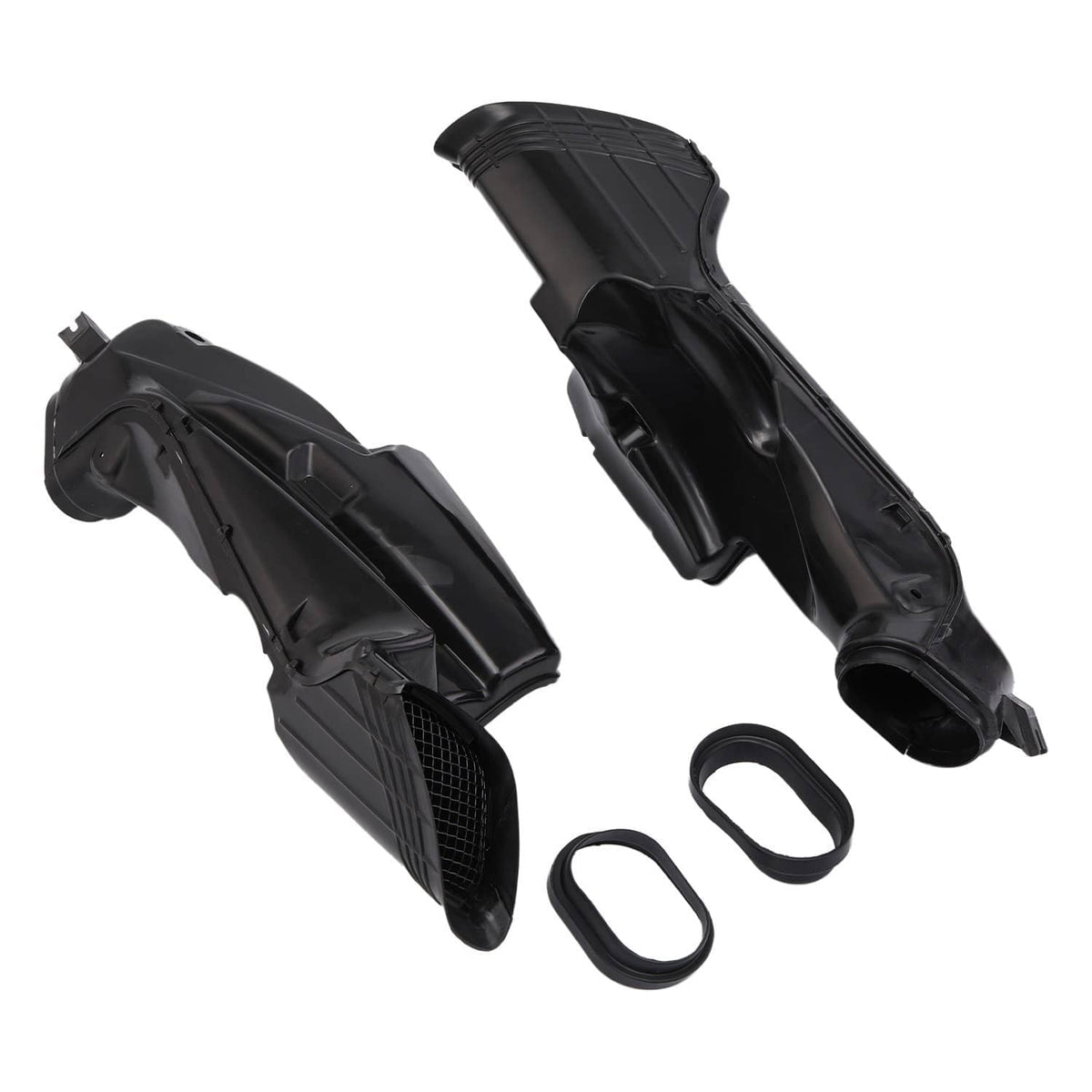 Pair of black motorcycle intake ducts with two O-ring seals