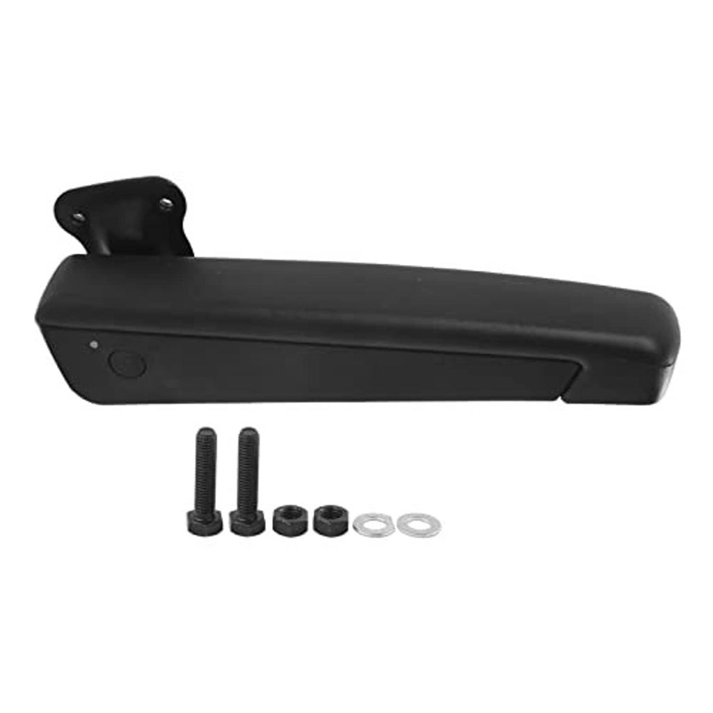 Black universal car seat armrest with mounting bracket and included hardware screws