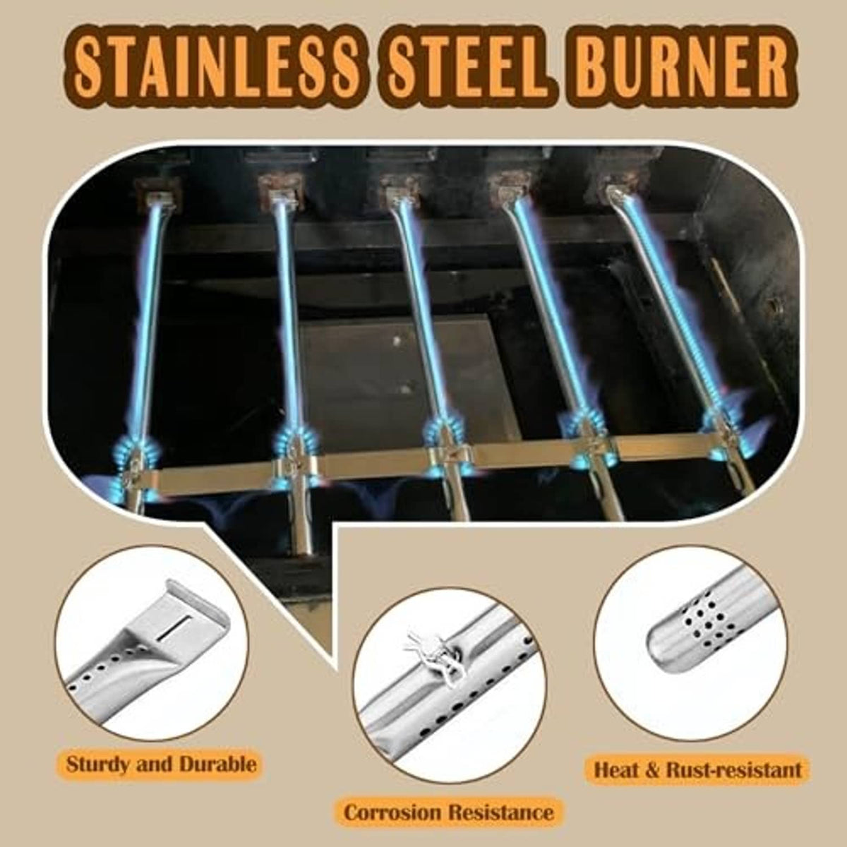 Stainless steel burner tubes with blue flame, burner replacement kit components