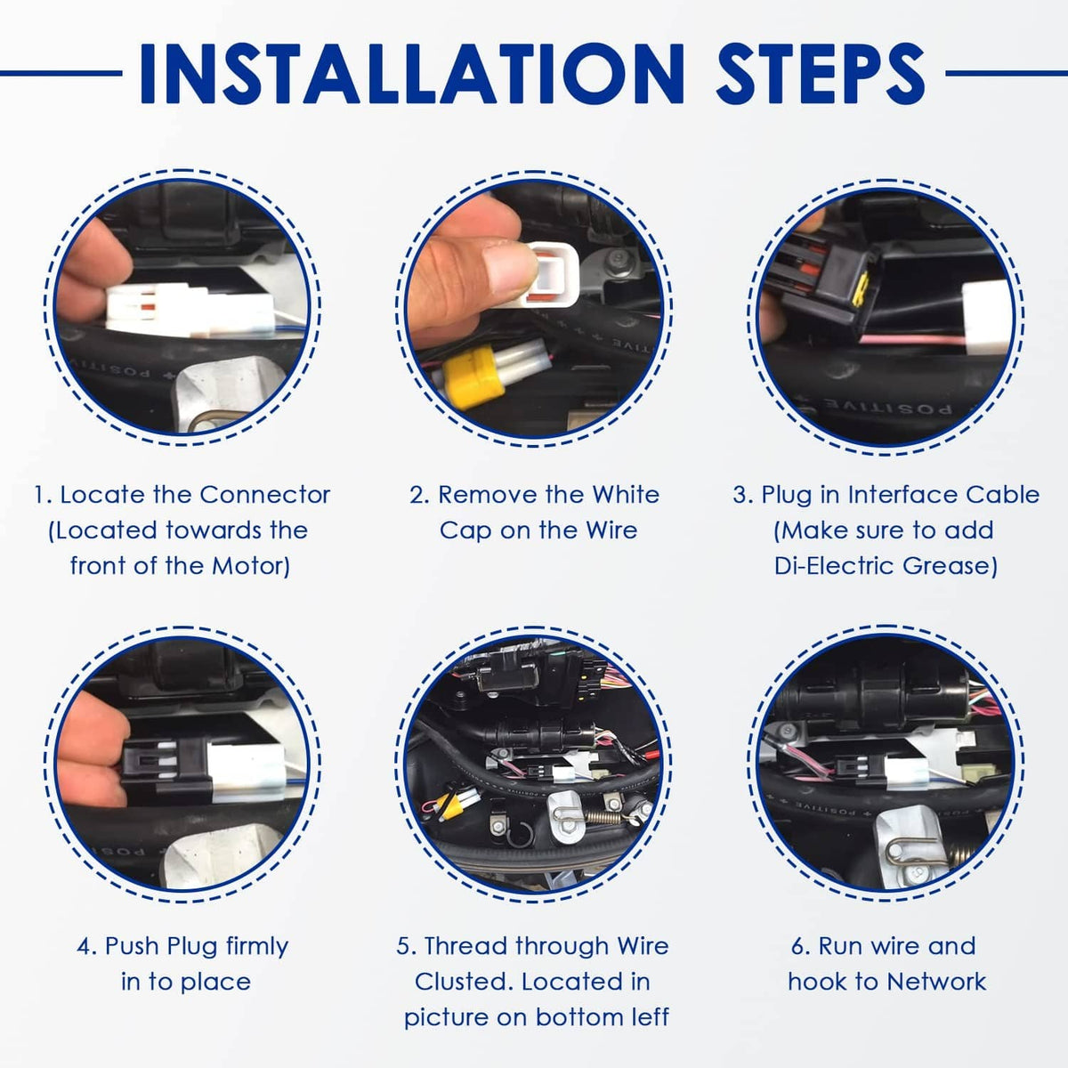 Installation steps graphic showing engine interface cable connection points and plugs.