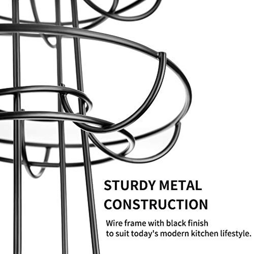 Close-up of spiral egg rack wire frame, black metal construction.