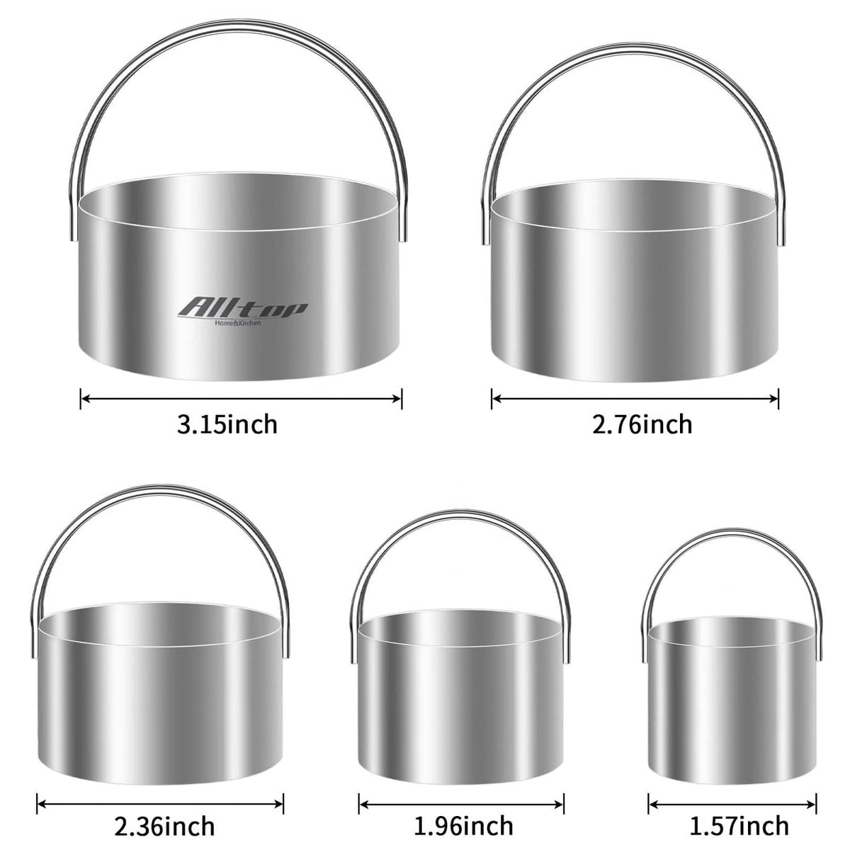 Round stainless steel biscuit cutters with handles, silver; multiple sizes shown